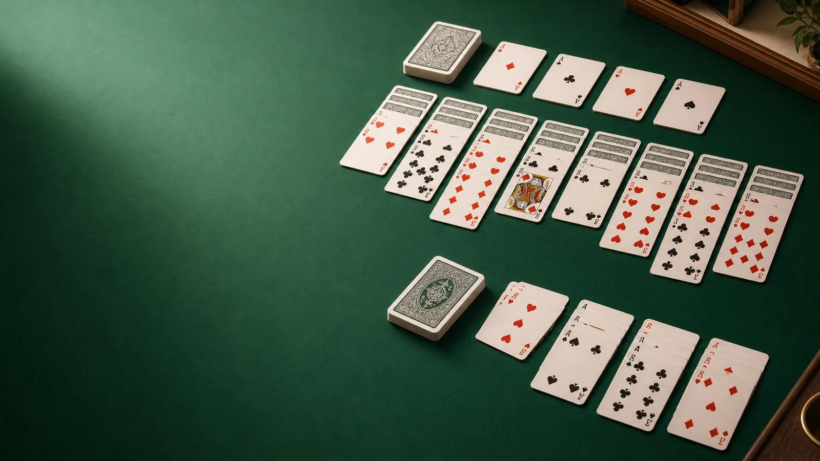 Solitaire card layout on green felt